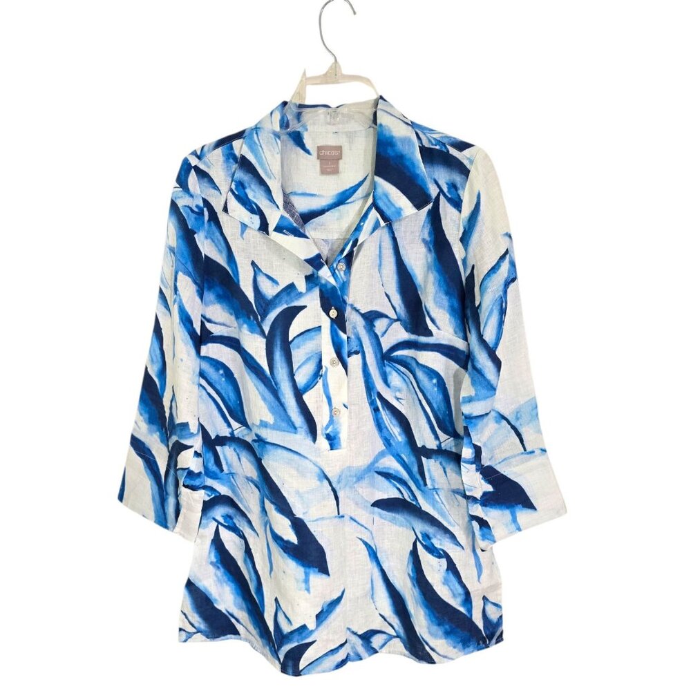 Chicos Womens‎ Blue Leaf Button Up Linen Tunic Blouse 3/4 Sleeve Size 8/10